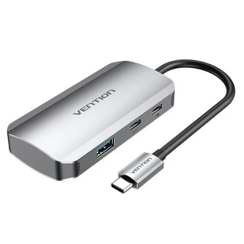 Vention USB-C -> USB3.0x4/PD  (0,15m Szürke Aluminum Ötvözet), Hub