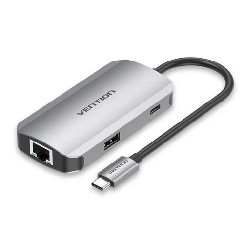 Vention USB-C -> USB3.0x3/RJ45/PD  (0,15m Szürke Aluminum Ötvözet), Hub