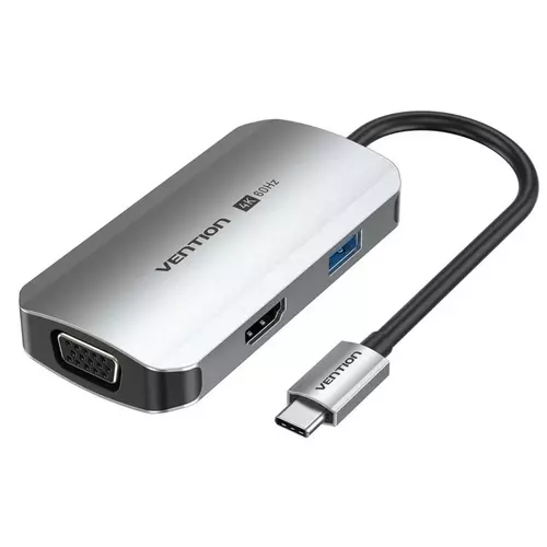 Vention USB-C -> HDMI/USB 3.0 x 3/RJ45/SD/TF/PD (0,15m Szürke Aluminum Ötvözet) Dokkoló